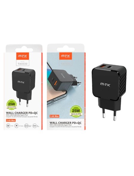 Cargador de red Usb QC3.0 + Type-C  / 25W / Negro / TA0332 / MTK