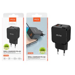 Cargador de red Usb QC3.0 + Type-C  / 25W / Negro / TA0332 / MTK
