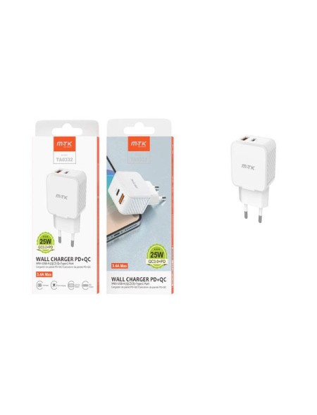 Cargador de red Usb QC3.0 + Type-C / 25W / Blanco / TA0332 / MTK