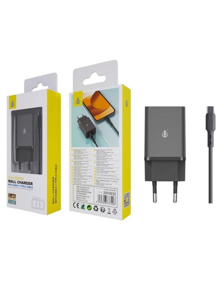 Cargador de red 2x Usb + Cable Type-C / 12W / Negro / NA0391 / 2003932 / One+
